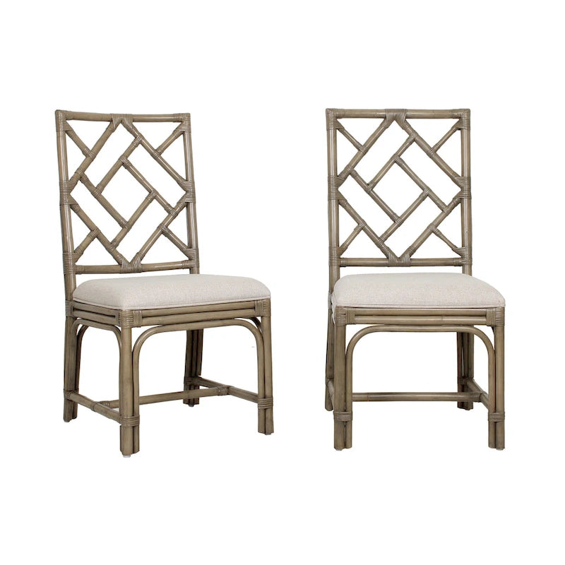 Sedie da Pranzo Imbottite Chippendale in Rattan Naturale Fatte a Mano — Grigio/Bianco Lavato
