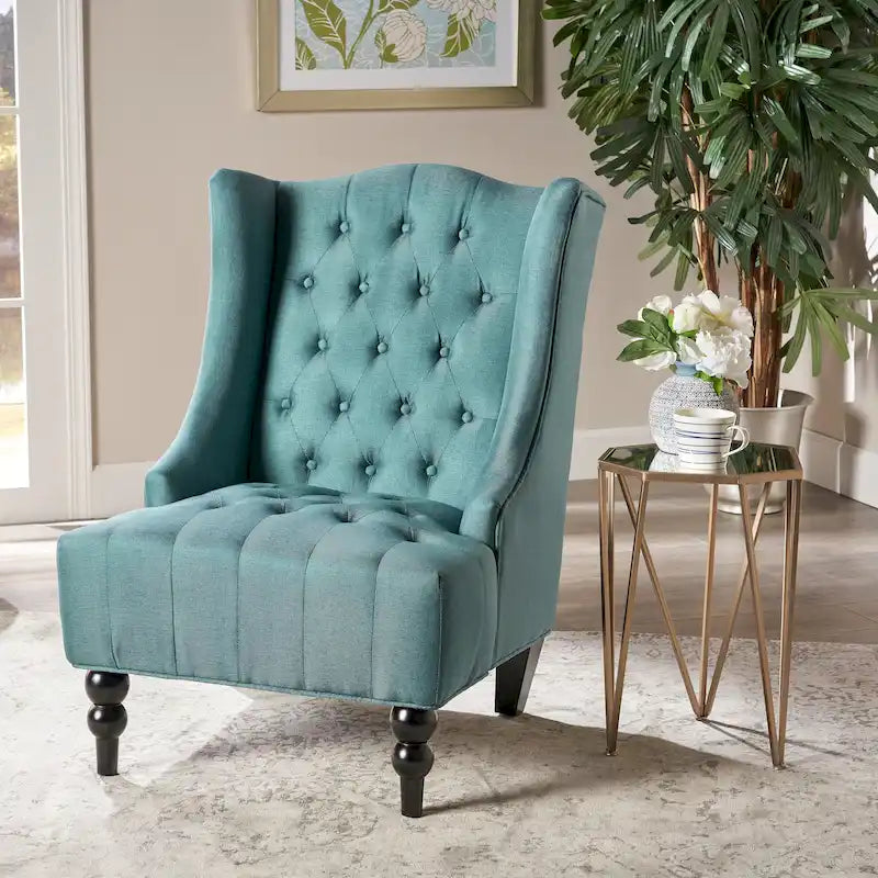 Poltrona club tufted con schienale alto e gambe in legno di betulla — Mid-Century Modern, 27,25L x 33,75W x 38,5H