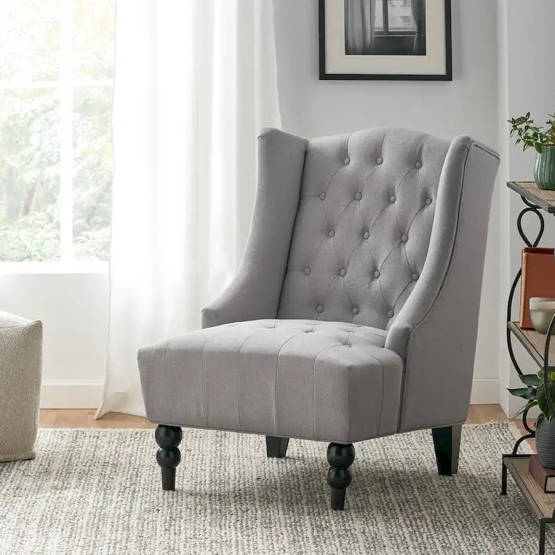 Poltrona club tufted con schienale alto e gambe in legno di betulla — Mid-Century Modern, 27,25L x 33,75W x 38,5H