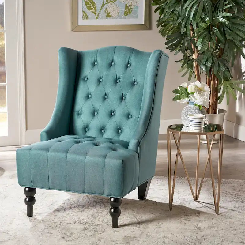 Poltrona club tufted con schienale alto e gambe in legno di betulla — Mid-Century Modern, 27,25L x 33,75W x 38,5H