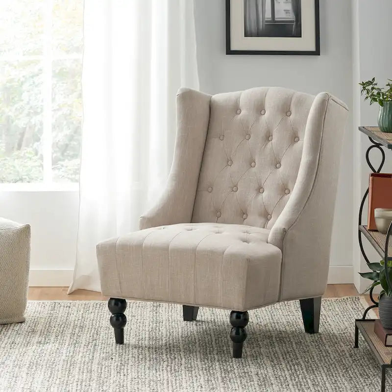 Poltrona club tufted con schienale alto e gambe in legno di betulla — Mid-Century Modern, 27,25L x 33,75W x 38,5H