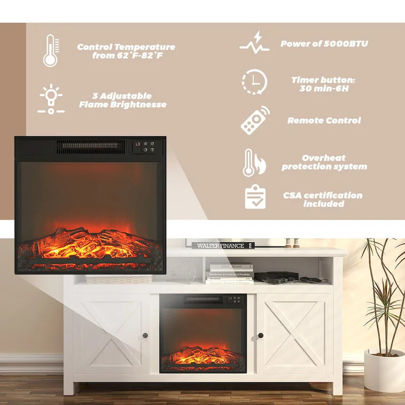 Mobile TV da 58 pollici in legno con caminetto elettrico da 18 pollici — 3 Livelli di fiamma, Certificazione CSA