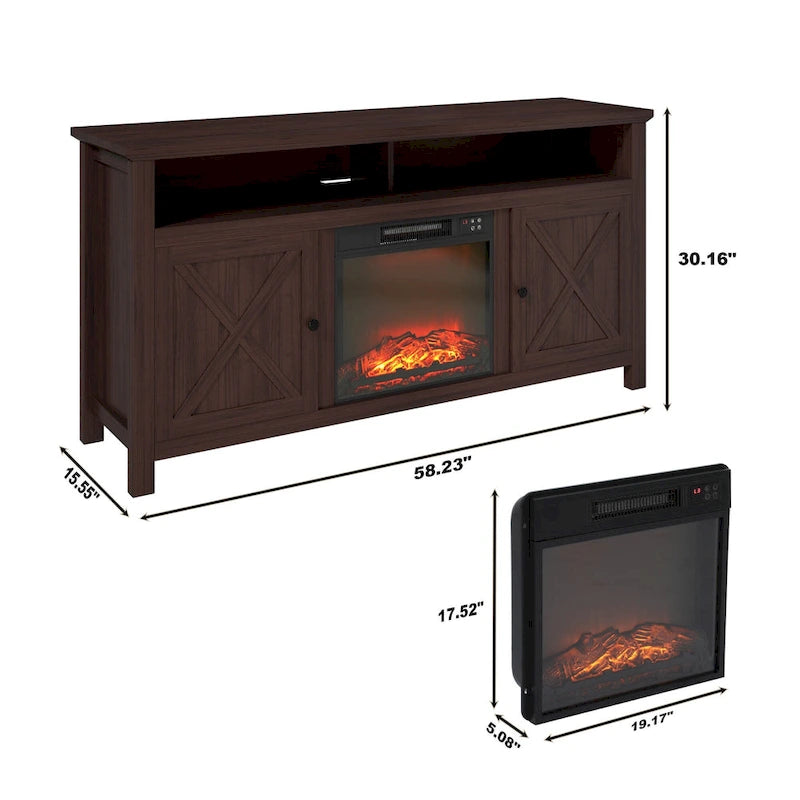 Mobile TV da 58 pollici in legno con caminetto elettrico da 18 pollici — 3 Livelli di fiamma, Certificazione CSA