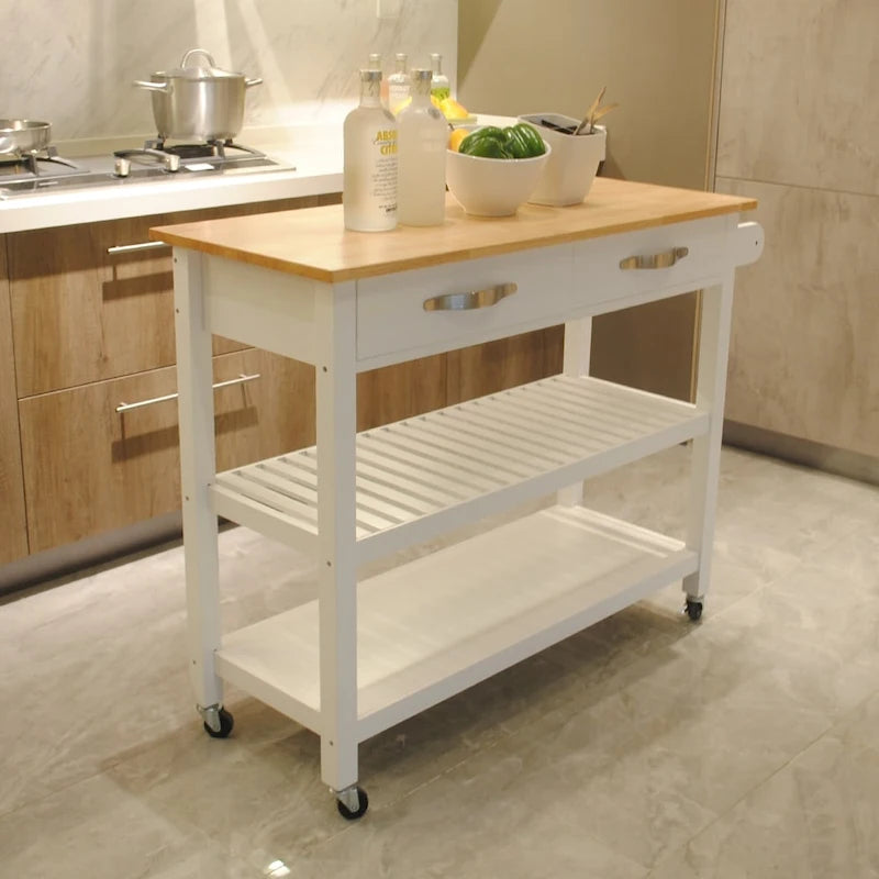 Isola da cucina su ruote in legno da 45, carrello multiuso con 2 cassetti e portasciugamani