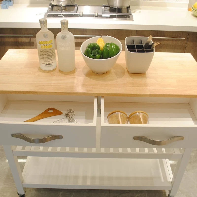 Isola da cucina su ruote in legno da 45, carrello multiuso con 2 cassetti e portasciugamani