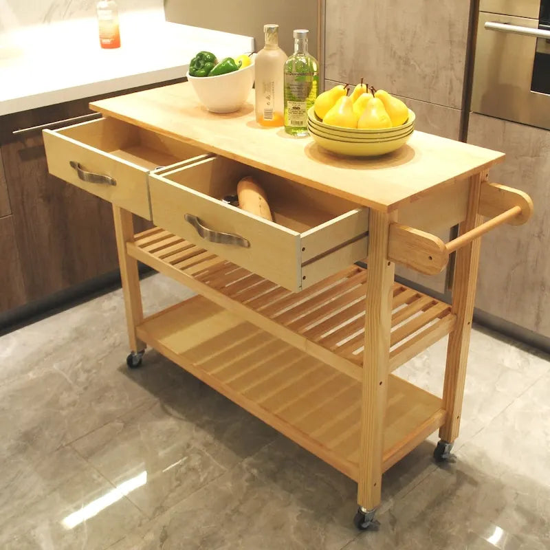 Isola da cucina su ruote in legno da 45, carrello multiuso con 2 cassetti e portasciugamani