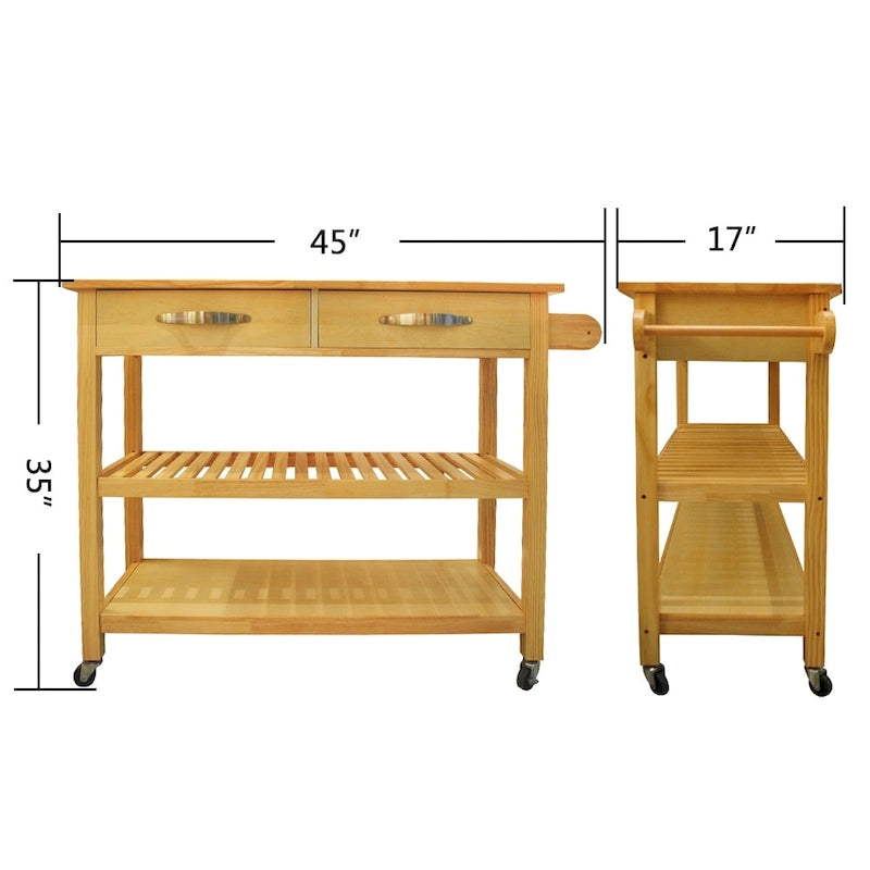Isola da cucina su ruote in legno da 45, carrello multiuso con 2 cassetti e portasciugamani