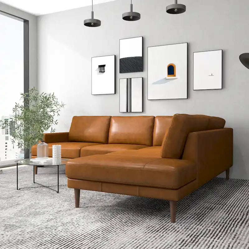 Divano angolare componibile in vera pelle Mid-Century Modern — Cognac Tan, gambe in legno massello