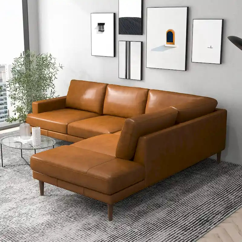 Divano angolare componibile in vera pelle Mid-Century Modern — Cognac Tan, gambe in legno massello