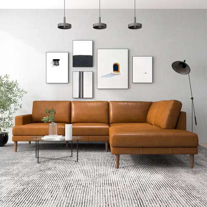 Divano angolare componibile in vera pelle Mid-Century Modern — Cognac Tan, gambe in legno massello