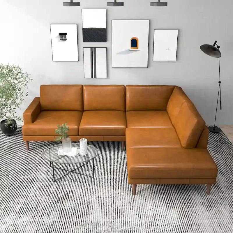 Divano angolare componibile in vera pelle Mid-Century Modern — Cognac Tan, gambe in legno massello