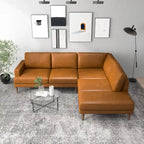 Divano angolare componibile in vera pelle Mid-Century Modern — Cognac Tan, gambe in legno massello