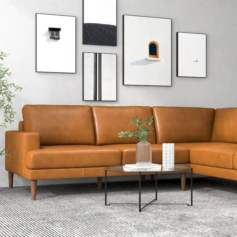 Divano angolare componibile in vera pelle Mid-Century Modern — Cognac Tan, gambe in legno massello