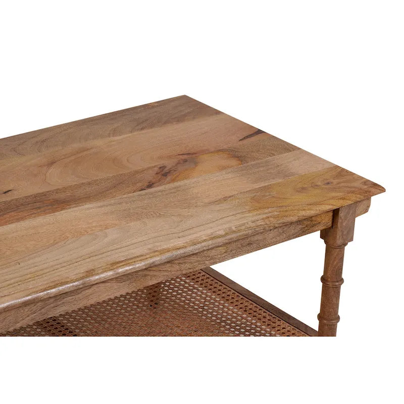 Tavolino da caffè Chesterfield in legno di mango sbiancato e canna con gambe tornite