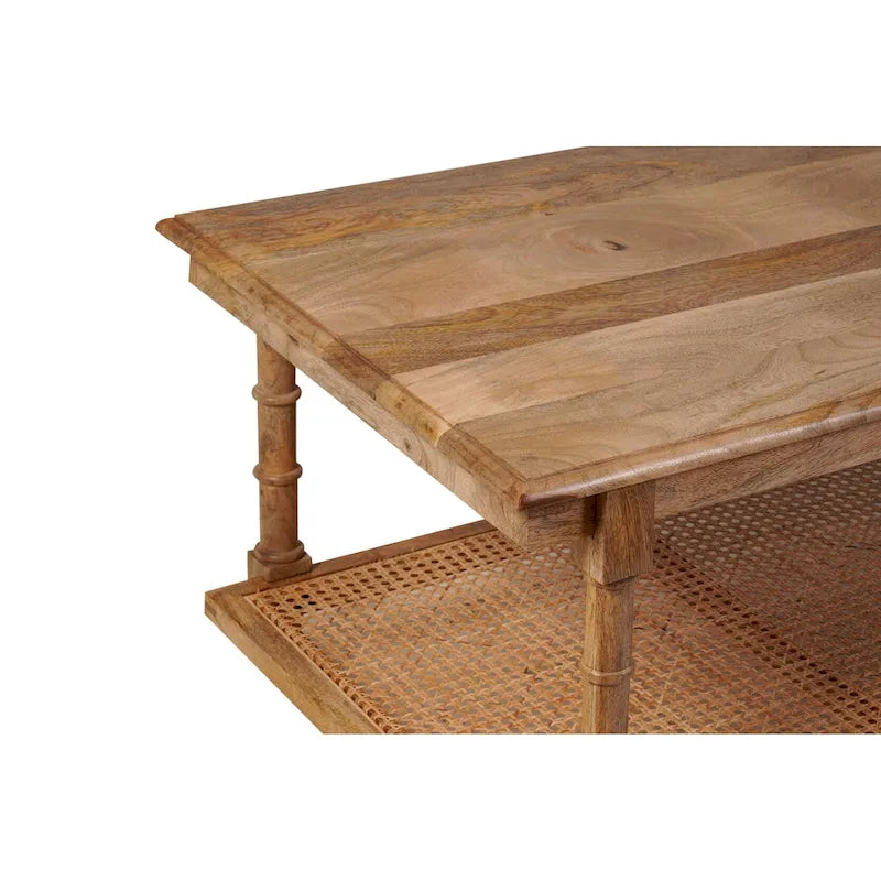 Tavolino da caffè Chesterfield in legno di mango sbiancato e canna con gambe tornite