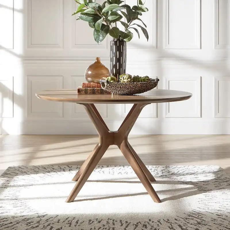 Tavolo da pranzo rotondo Mid-Century con base a X in legno di gomma — Finitura Noce Scuro