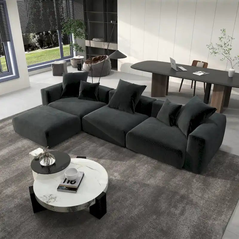Divano componibile a L oversize in velluto a coste 142 con pouf, classico e profondo