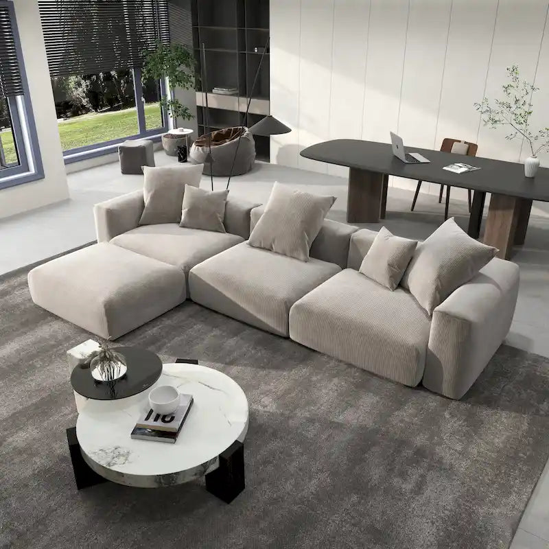 Divano componibile a L oversize in velluto a coste 142 con pouf, classico e profondo