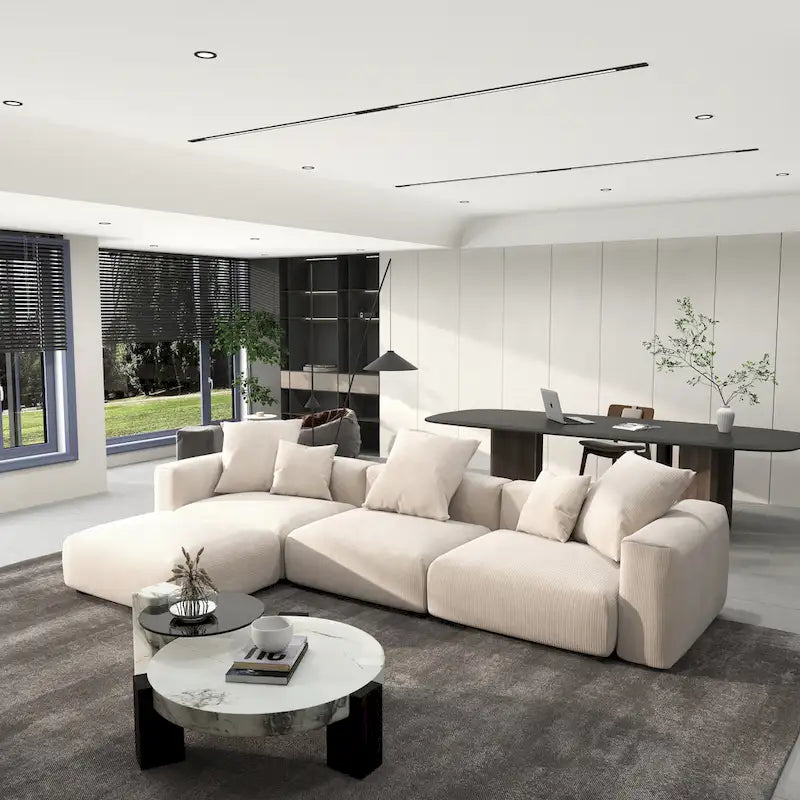Divano componibile a L oversize in velluto a coste 142 con pouf, classico e profondo