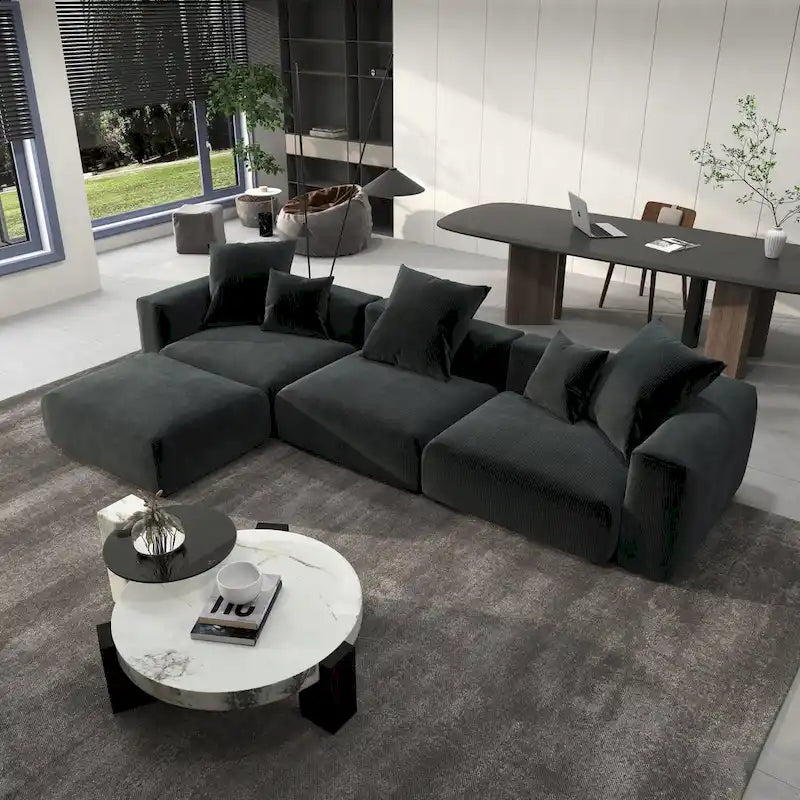Divano componibile a L oversize in velluto a coste 142 con pouf, classico e profondo