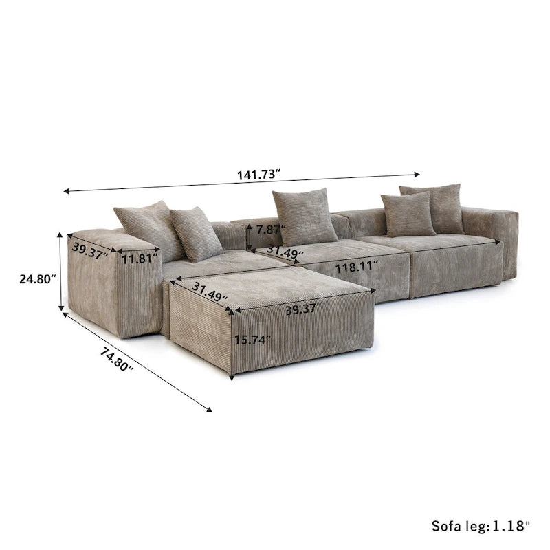 Divano componibile a L oversize in velluto a coste 142 con pouf, classico e profondo