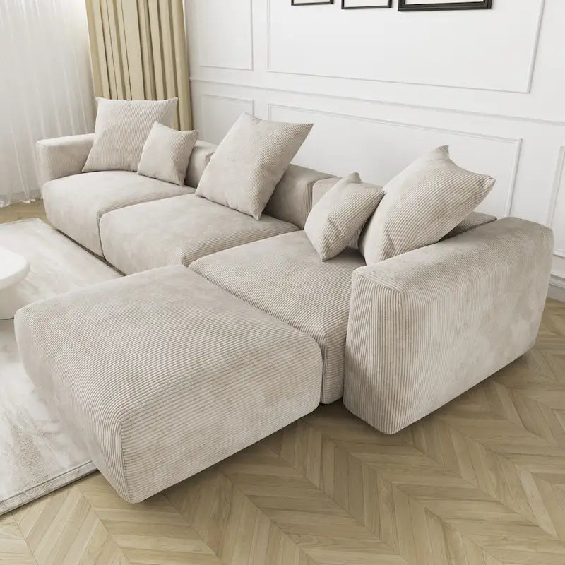 Divano componibile a L oversize in velluto a coste 142 con pouf, classico e profondo