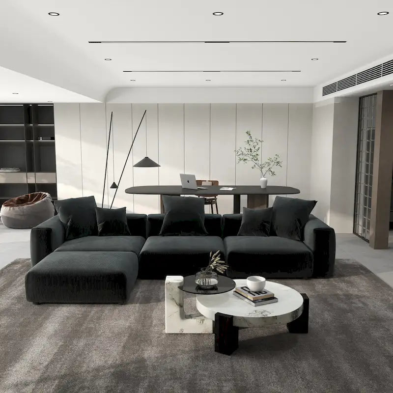 Divano componibile a L oversize in velluto a coste 142 con pouf, classico e profondo