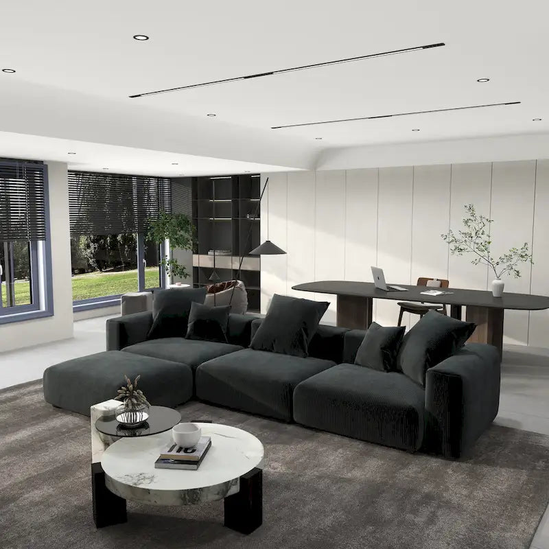 Divano componibile a L oversize in velluto a coste 142 con pouf, classico e profondo