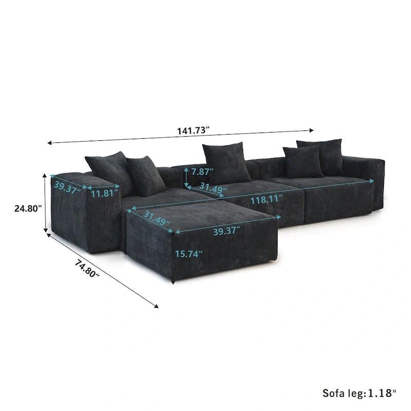 Divano componibile a L oversize in velluto a coste 142 con pouf, classico e profondo