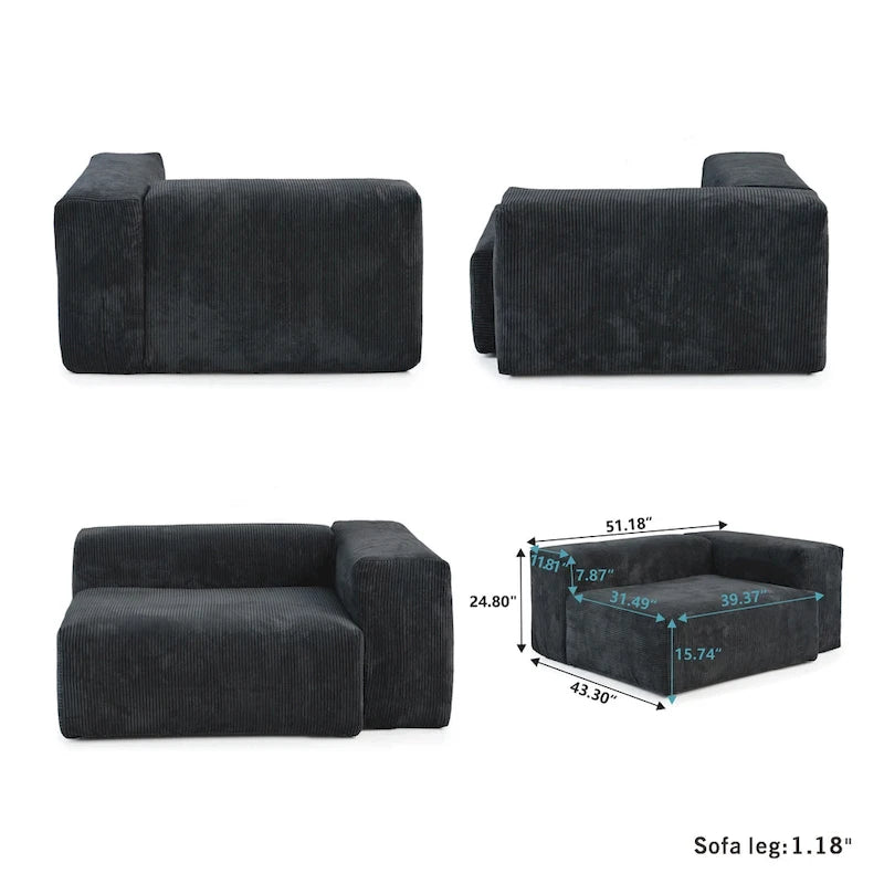 Divano componibile a L oversize in velluto a coste 142 con pouf, classico e profondo