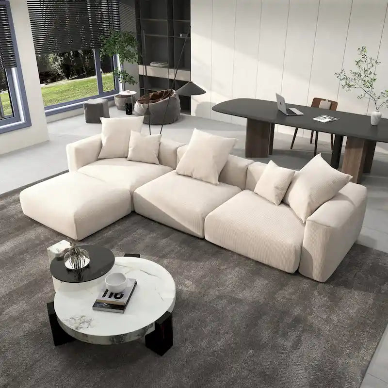 Divano componibile a L oversize in velluto a coste 142 con pouf, classico e profondo