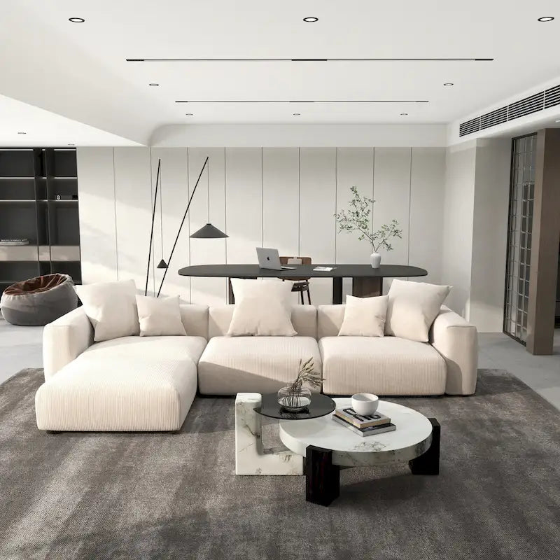 Divano componibile a L oversize in velluto a coste 142 con pouf, classico e profondo