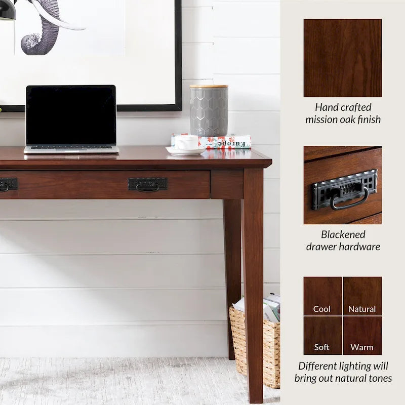 Scrivania per Computer in Stile Mission – Legno Massello, Finitura Rovere, Vassoio per Tastiera a Scomparsa