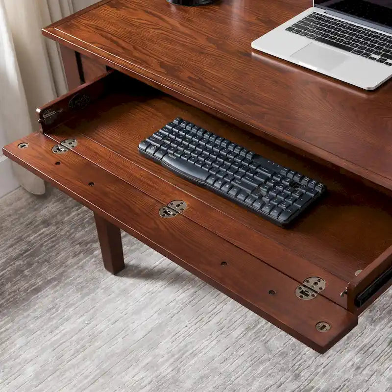 Scrivania per Computer in Stile Mission – Legno Massello, Finitura Rovere, Vassoio per Tastiera a Scomparsa