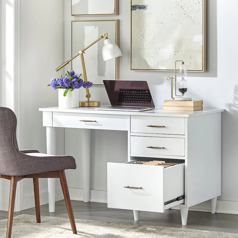 Scrivania Mid-Century Modern con 4 Cassetti e Gambe in Legno di Gomma — 3 Finiture Disponibili