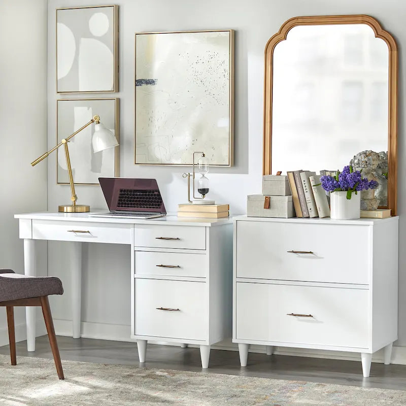 Scrivania Mid-Century Modern con 4 Cassetti e Gambe in Legno di Gomma — 3 Finiture Disponibili
