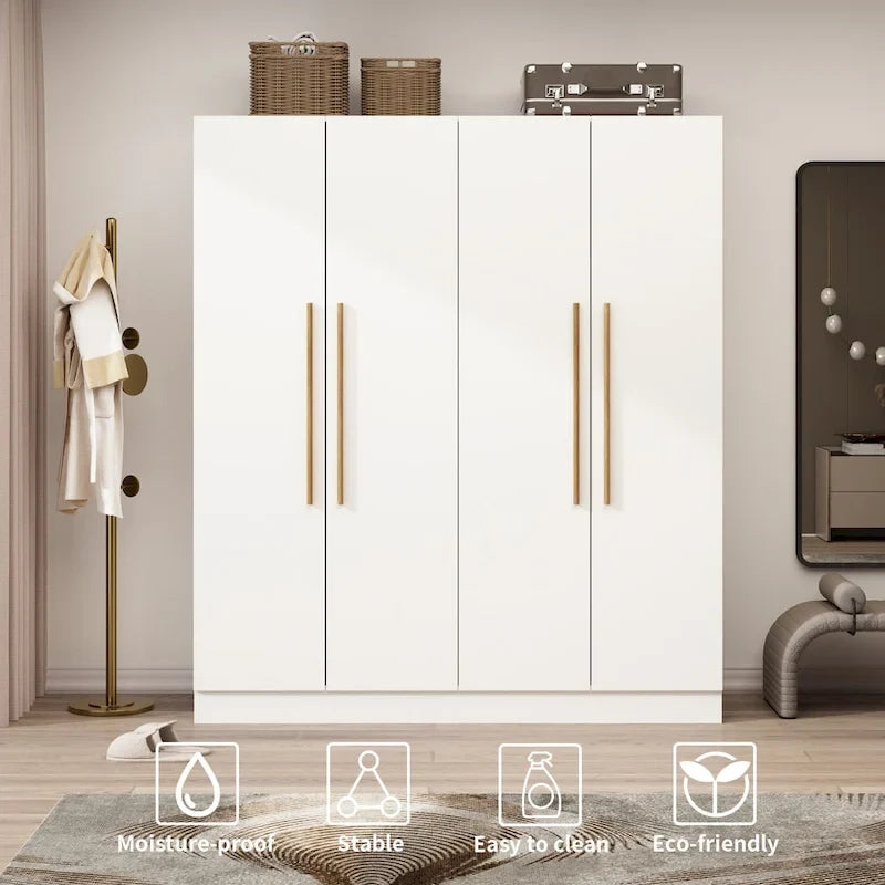 Armadio a 4 ante con asta appendiabiti, 180,00A x 160,00L cm — Bianco, Finitura Melaminica