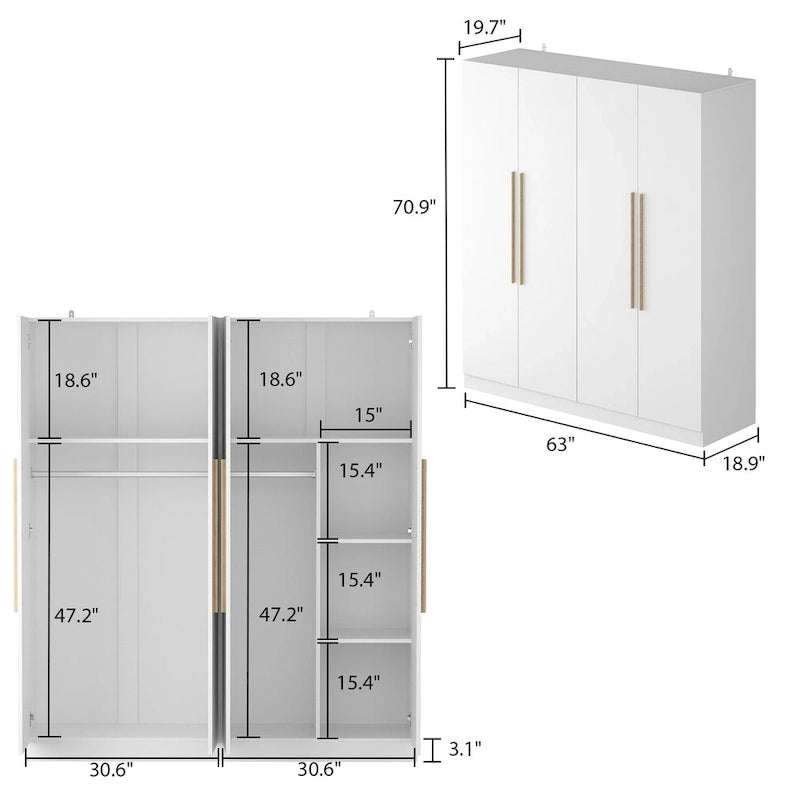 Armadio a 4 ante con asta appendiabiti, 180,00A x 160,00L cm — Bianco, Finitura Melaminica