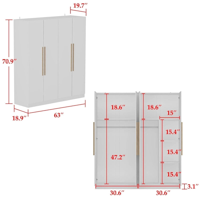 Armadio a 4 ante con asta appendiabiti, 180,00A x 160,00L cm — Bianco, Finitura Melaminica