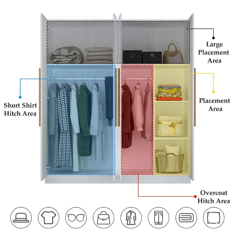 Armadio a 4 ante con asta appendiabiti, 180,00A x 160,00L cm — Bianco, Finitura Melaminica