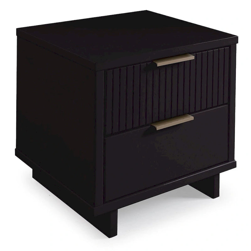 Comodino moderno a 2 cassetti — Frontale in legno scanalato e maniglie con finitura oro