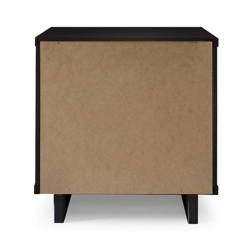 Comodino moderno a 2 cassetti — Frontale in legno scanalato e maniglie con finitura oro