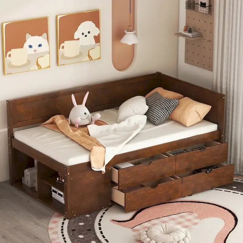 Letto a giorno singolo con cassetti e ripiani