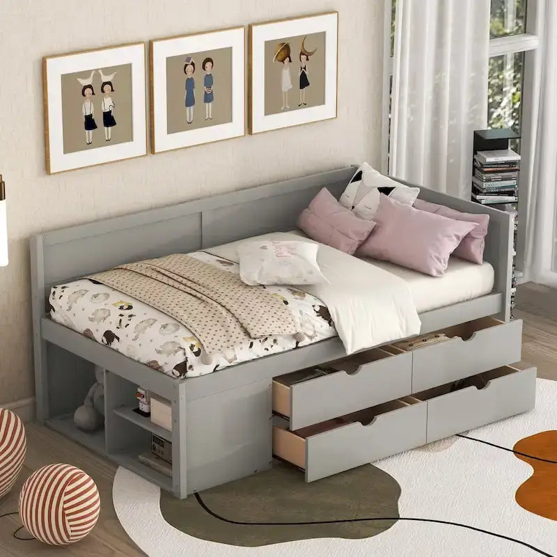Letto a giorno singolo con cassetti e ripiani