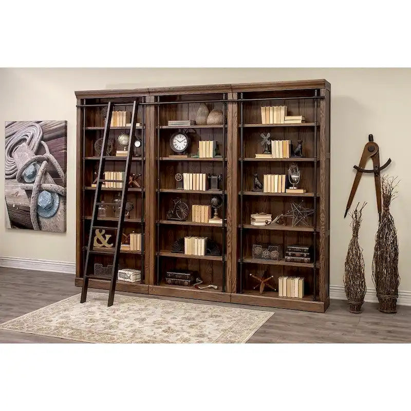 Libreria a Muro Alta 2,4 Metri con Scala Scorrevole e Contenitore Organizzatore — 305L x 239A x 38P cm
