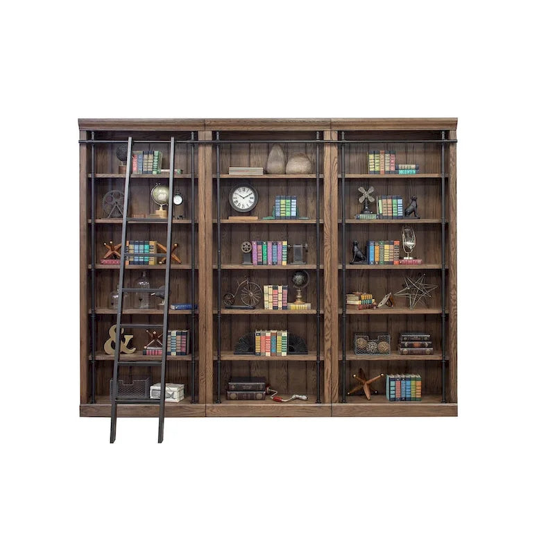 Libreria a Muro Alta 2,4 Metri con Scala Scorrevole e Contenitore Organizzatore — 305L x 239A x 38P cm