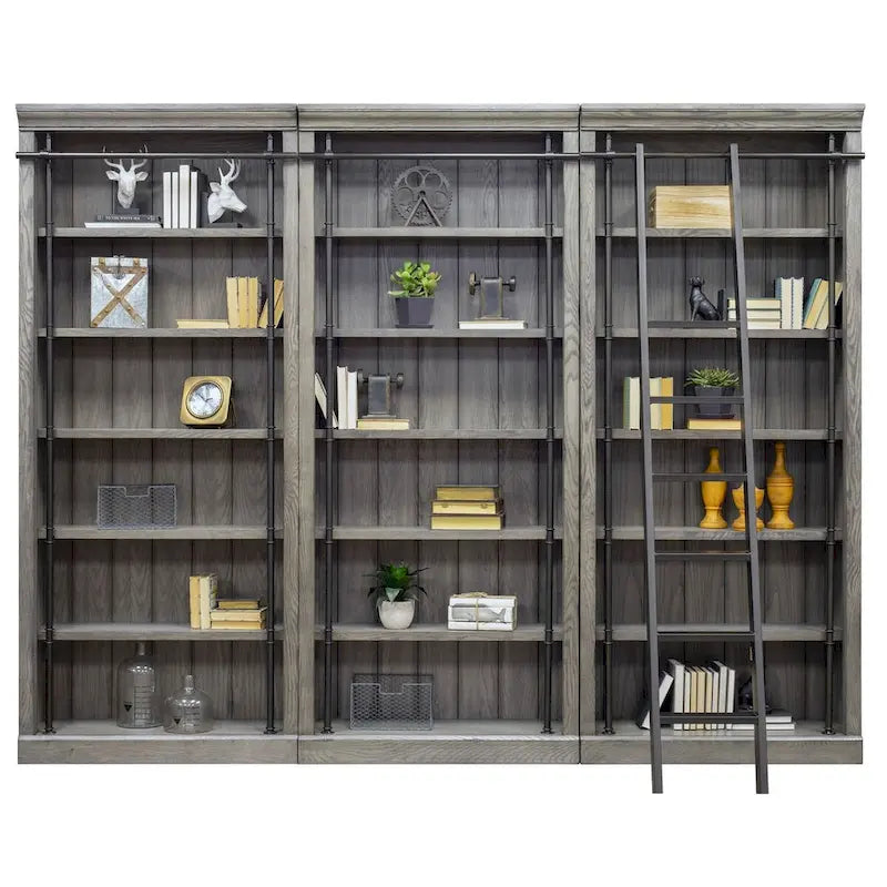 Libreria a Muro Alta 2,4 Metri con Scala Scorrevole e Contenitore Organizzatore — 305L x 239A x 38P cm