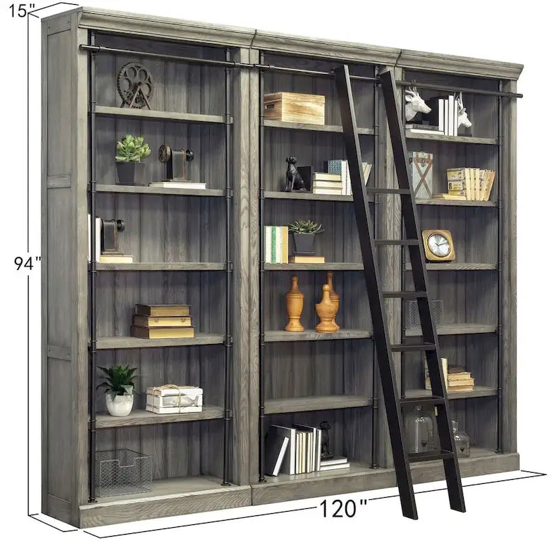 Libreria a Muro Alta 2,4 Metri con Scala Scorrevole e Contenitore Organizzatore — 305L x 239A x 38P cm