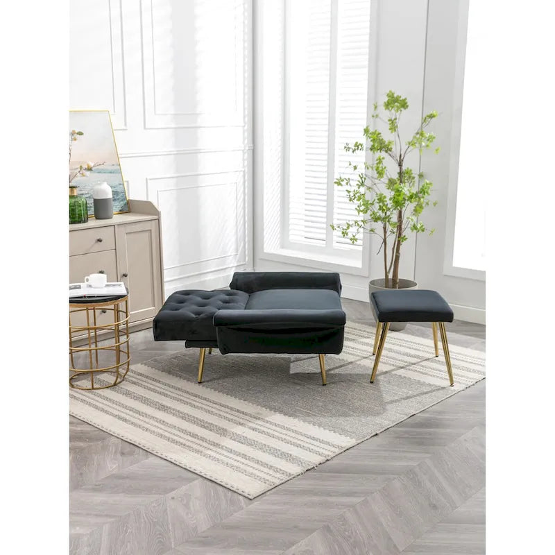 Poltrona accent velluto con braccioli e schienale regolabili, poltrona relax capitonné, poltrona reclinabile singola con pouf