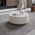 Tavolino da caffè rotondo moderno con 2 cassetti, piano in pietra sinterizzata e base dorata